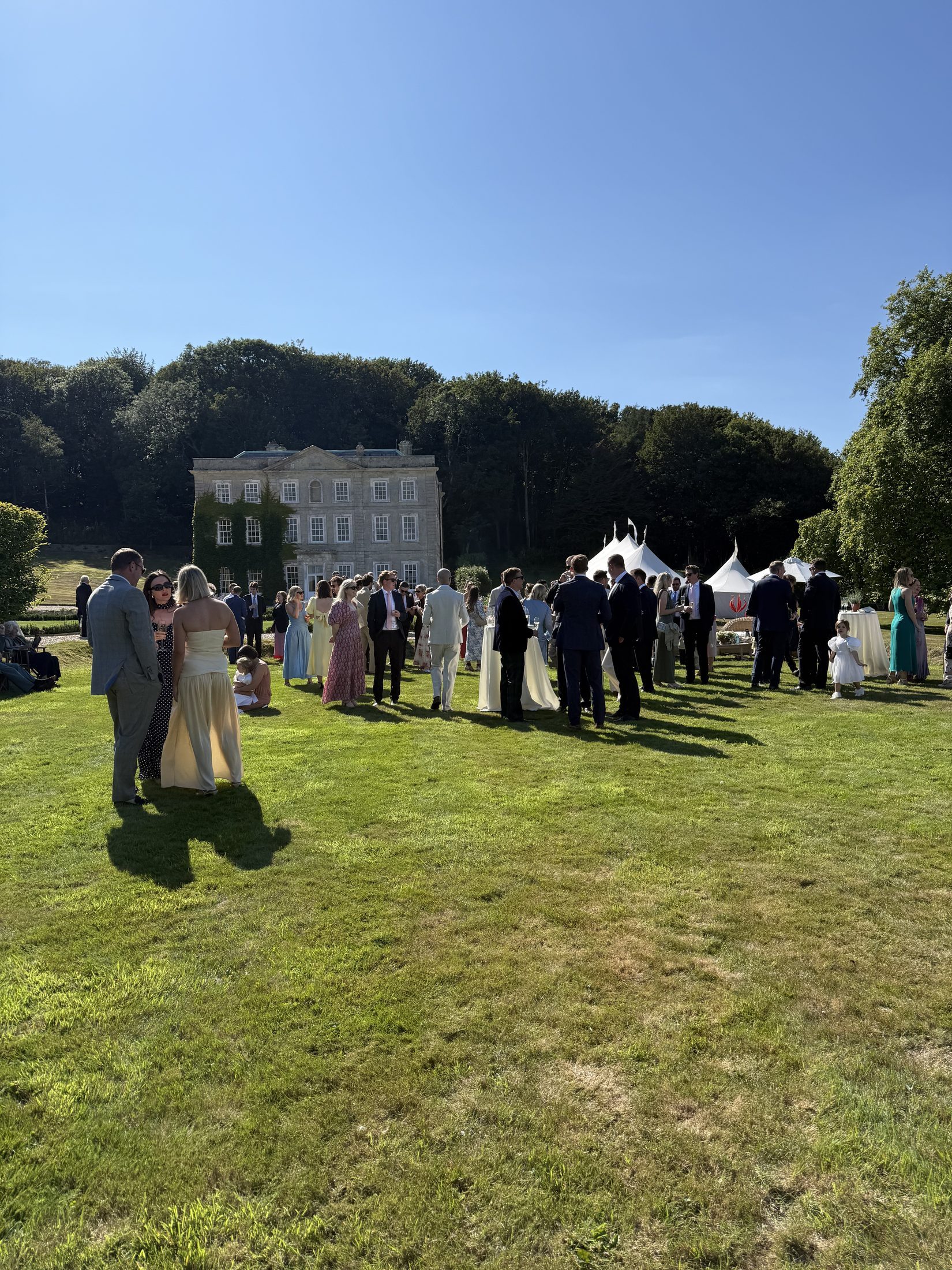 Wedding guests gathered on the lawn, with the house and the marquee behind